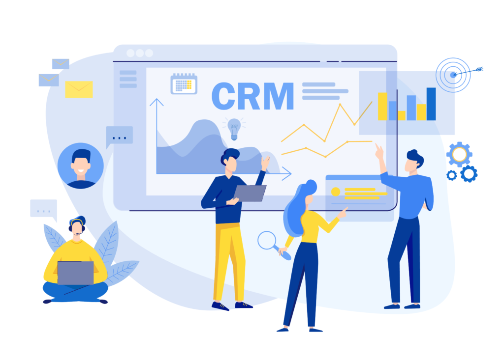 custom crm configuration graphic with charts and people